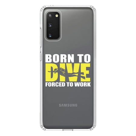 DistinctInk Clear Shockproof Hybrid Case for Galaxy S20 / S20 5G (6.2 Screen) - TPU Bumper Acrylic Back Tempered Glass Screen Protector - Born to Dive Forced to Work