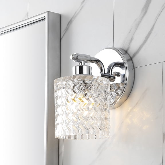 JONATHAN Y Spaulding Vintage 5.13" 1-Light Iron/Chevron Pattern Glass Farmhouse Cottage LED Vanity Light, Chrome