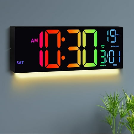 16 inch Large Digital Wall Clock, 8 RGB Lights with Remote Control, Dual Alarms with Big LED Display