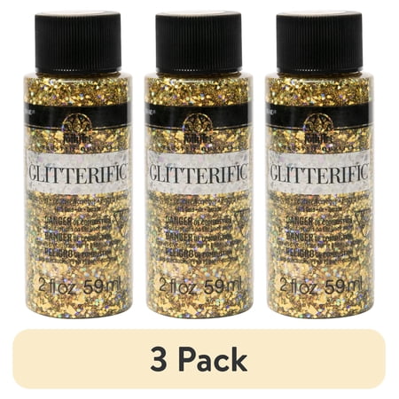 (3 pack) FolkArt Glitterific Acrylic Craft Paint Glitter Finish Gold 2 fl oz