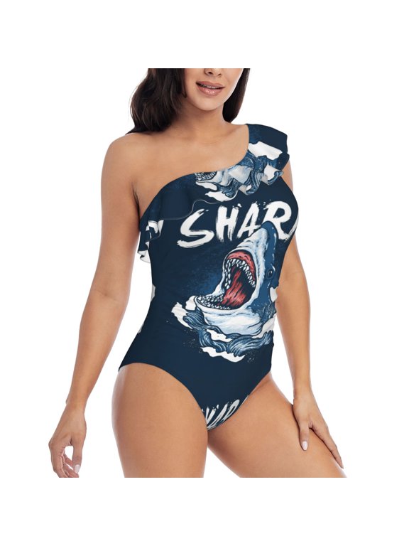 Picia Shark Pattern Women's One Piece Swimsuits,One Shoulder Swimwear Asymmetric ,Ruffle Monokinis Bathing Suits,High Waisted Flattering Bathing Suits-Small