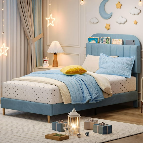 Velvet Upholstered Twin Bed Frame with Storage Headboard | Noise-Free Platform Bedframe, Wooden Slats & No Box Spring | Light Blue Modern Bed, Easy Assembly