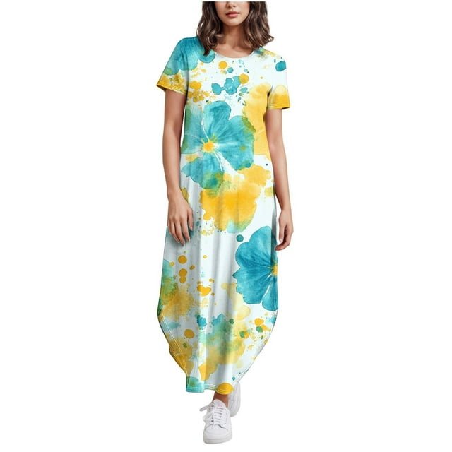 Vestidos de Verano de Manga Corta para Mujer Flor Impresión Vestido Largo Casual, Cuello Redondo con Bolsillos Top de Poliéster