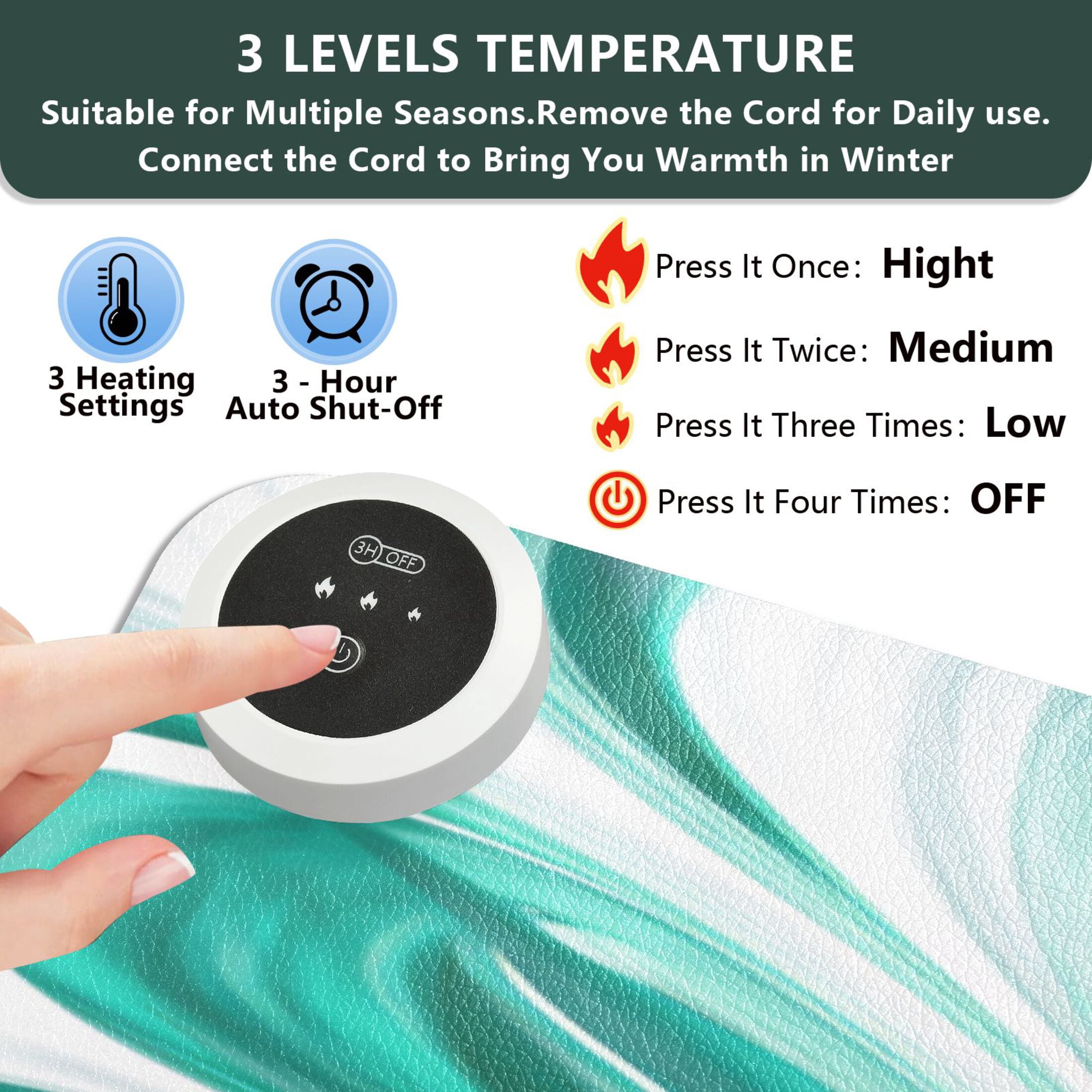 Large Heated Desk Mat Mouse Pad 31.5"x13"PU Leather Graphene Heating Desk Warmer with 3 Temperature Settings 110V US Plug Non-Slip Warm Pad for Home, Office, and Gaming Jade Green Marble Pattern