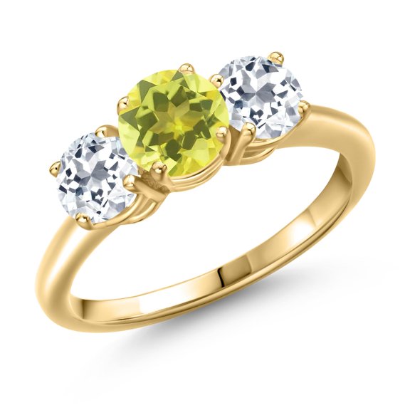 Gem Stone King 18K Yellow Gold Plated Silver Canary Mystic Topaz and White Topaz 3-Stone Engagement Ring for Women | 2.20 Cttw | Round 6MM | Gemstone November Birthstone | Size 5