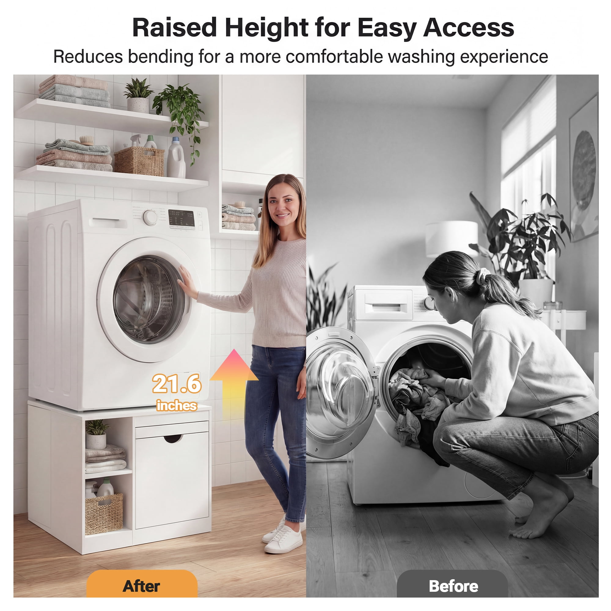 Advwin 29" Washer and Dryer Pedestal, Heavy Duty Washing Machine Stand with Laundry Basket Shelf, Large Drawer, Storage Shelf & Cabinet, Universal Fit Anti-Vibration Laundry Pedestal, White