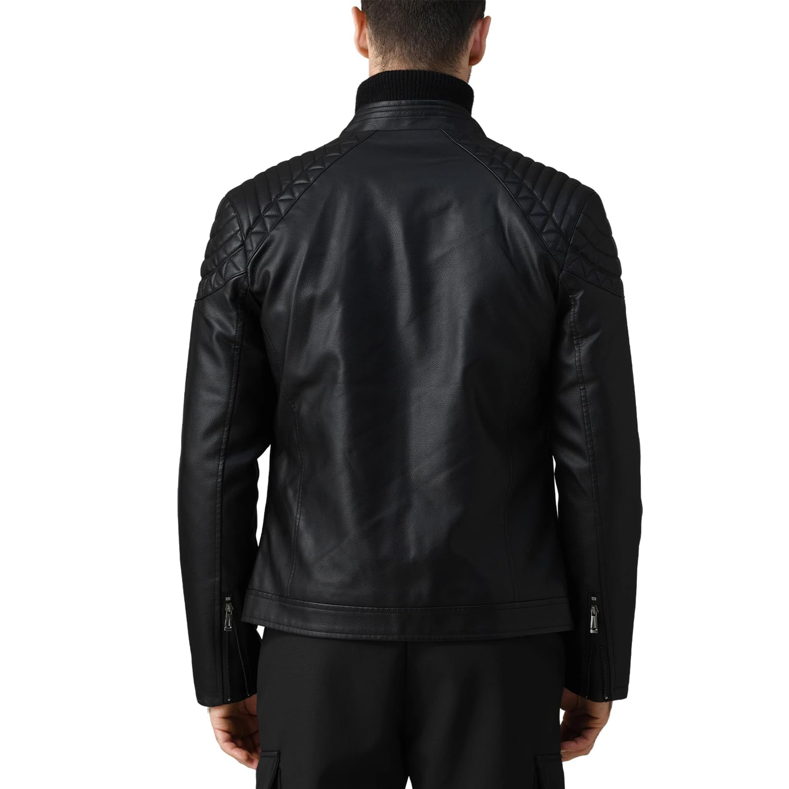 LEDUNTINO Men's Stand Collar Winter PU Faux Leather Fleece Lined Zip-Up Motorcycle Bomber Jacket Slim Fit Biker Coat