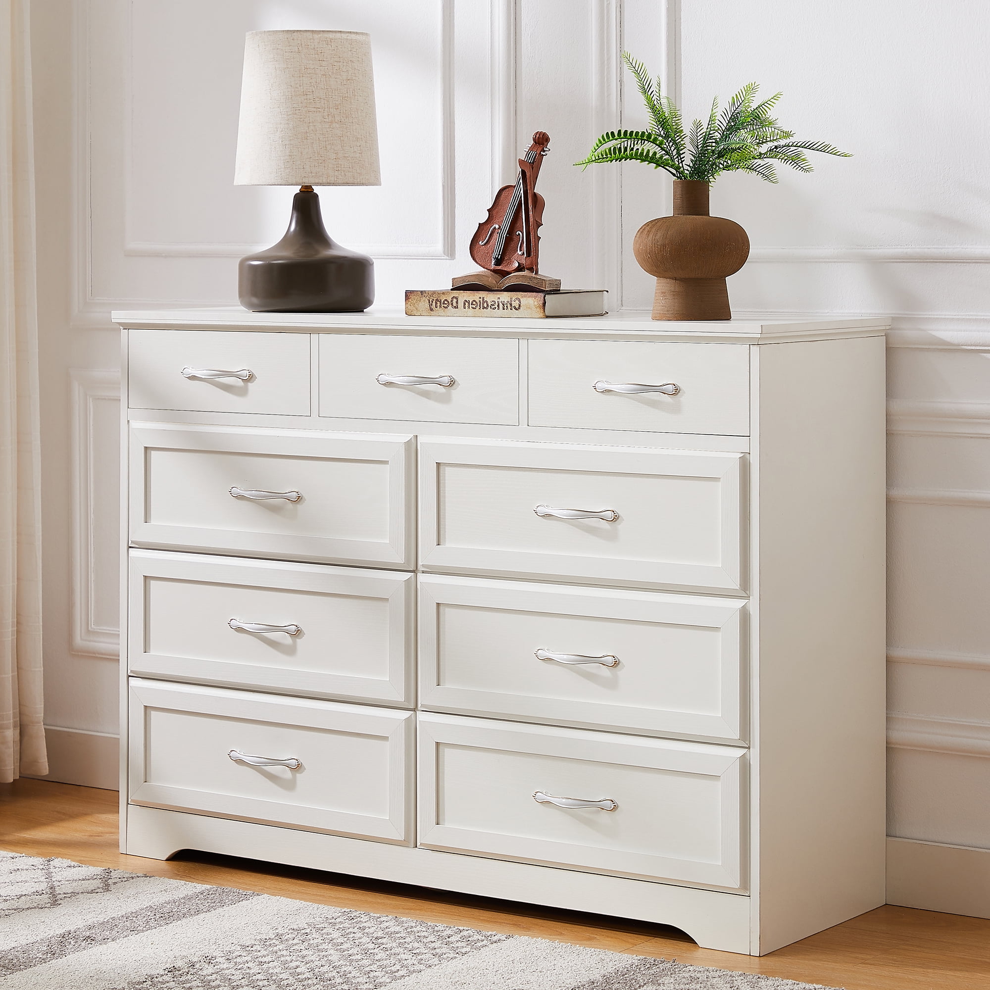 Kadyn 9 Drawer Long Dresser, Nursery Dresser with Antique Handles, Chest Of Drawers for Kids Room, Entry And Hallway, White Kadyn 9 Drawer Long Dresser, Nursery Dresser with Antique Handles, Chest Of Drawers for Kids Room, Entry And Hallway, White