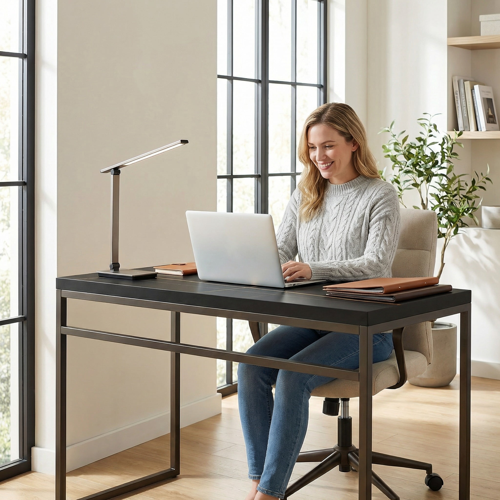 Censi Black Marble Writing Computer Desk, 47 Inch Home Office Desk, Wood and Metal, Modern Industrial Style (Black Marble)
