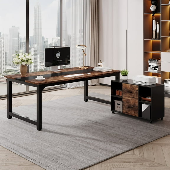 Tribesigns 63" L Shaped Computer Desk, Home Office Desk with Storage Cabinet & Drawer, Brown & Black