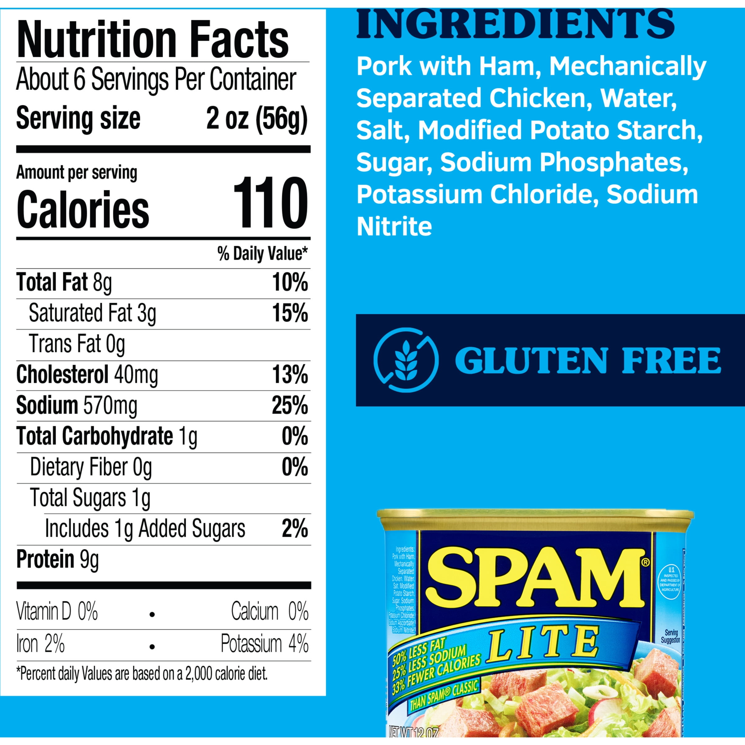 SPAM Lite, 9 Grams of Protein per Serving, 12 oz Aluminum Can