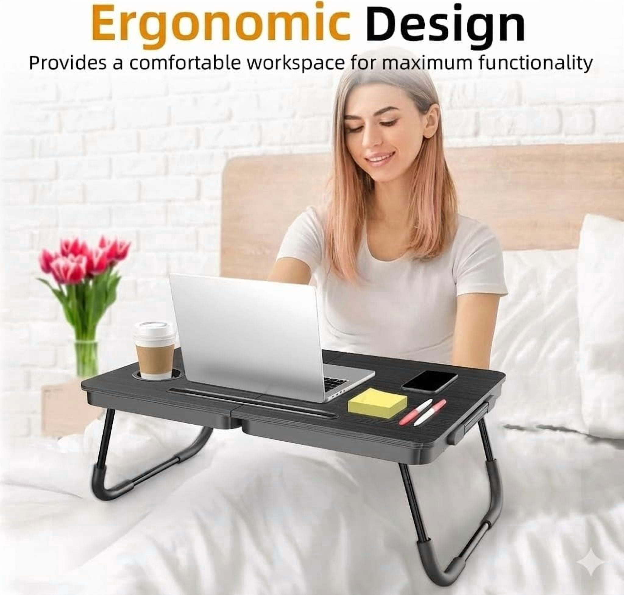 Foldable Laptop Bed Desk for Couch, Sofa - Large Lap Desk Tray Table with Cup Holder and Tablet Slot - Portable Notebook Stand for Eating, Writing, Studying and WFH (Black)- USA Original Patent