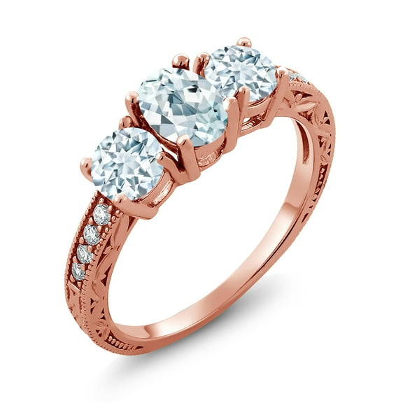 Gem Stone King 1.87 Ct Oval Sky Blue Aquamarine 18K Rose Gold Plated Silver Moissanite Ring (Size 5)