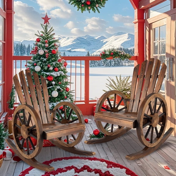 FURNDOOR Outdoor Wood Rocking Chair Set of 2 - Patio Wagon Wheel Rocking Chair 2 PCS, Rustic Rocker Single Chairs for Country, Yard, Porch