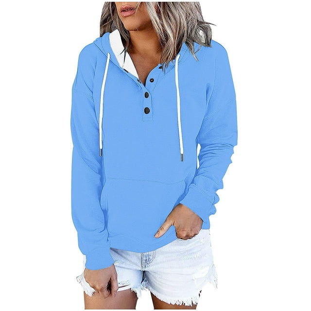 Women's Contrast Color Long Sleeve Hooded Sweatshirt Pullover Top Casual Button Front Drawstring Pocket Comfortable Winter Loose