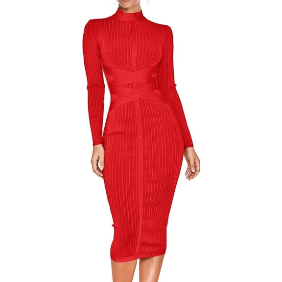 Women's Long Sleeve Bandage Wedding Guest Dress Midi Fall Winter Party Cocktail Dresses Evening Gown