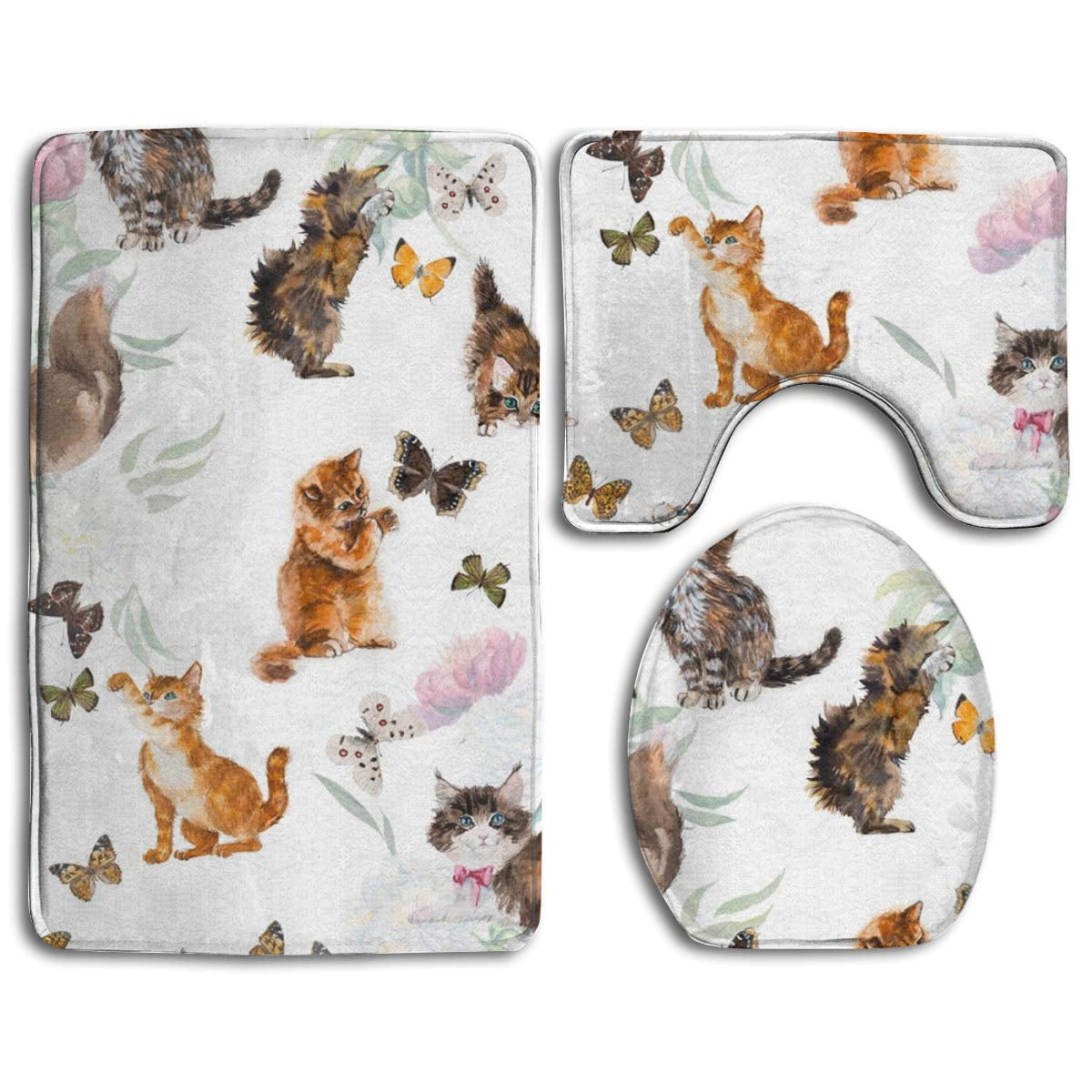 GOHAO Cute Cat Kitten Butterfly 3 Piece Bathroom Rugs Set Bath Rug