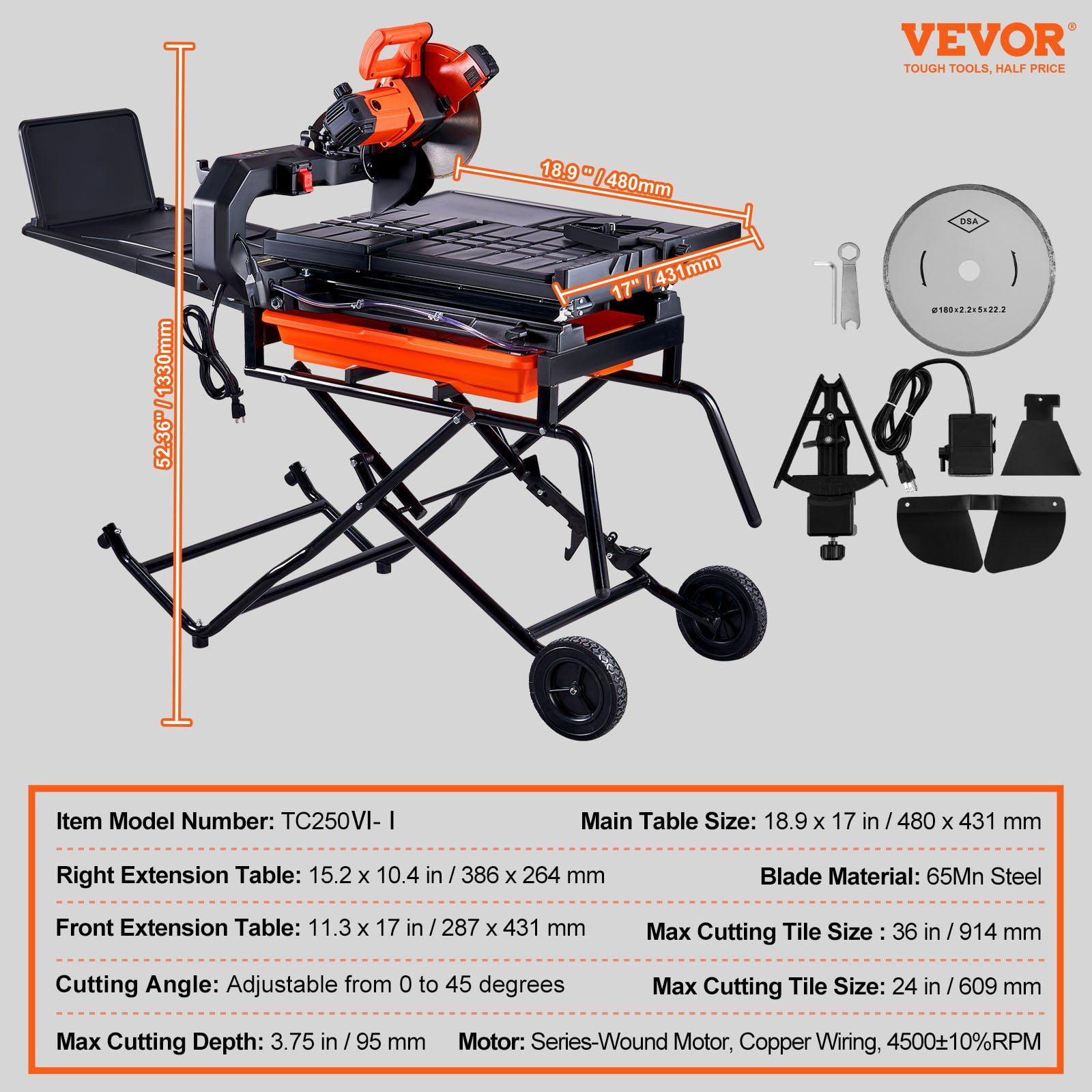 Heavy-Duty 10" Wet Tile Saw with Stand, 65Mn Blade & 4500 RPM Motor, Water Reservoir & Casters, 0-45° Miter Cutting for Ceramic Tiles, Stones