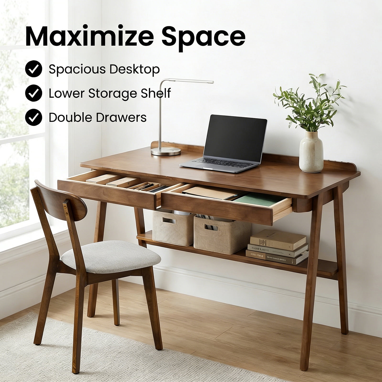 Solid Wood Writing Desk, Home Office Desk for Small Spaces, Mid Century Modern Desks with 2 Drawers & Storage Shelf, Standing Desk with Side Hooks for Study, Bedroom, Office (Walnut)