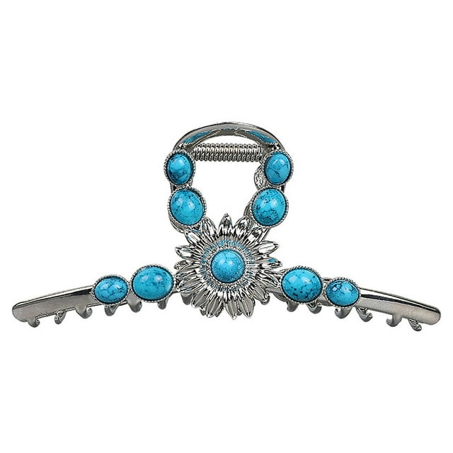 Extra - Grande Pince à Cheveux Western Argentée à Thème avec Accents Pierre Bleue Turquoise