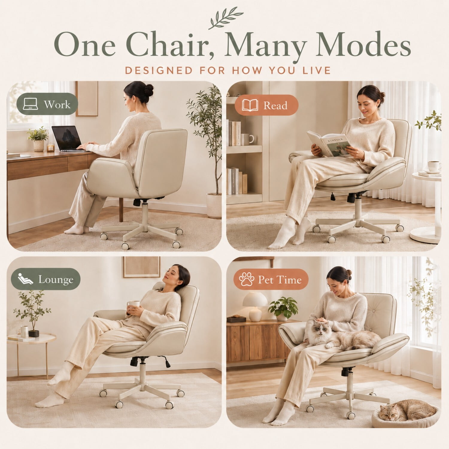 Easy4Home Criss Cross Office Chair with Wheels and Adjustable Armrests, Wide Seat PU Leather Swivel Computer Desk Chair, Beige