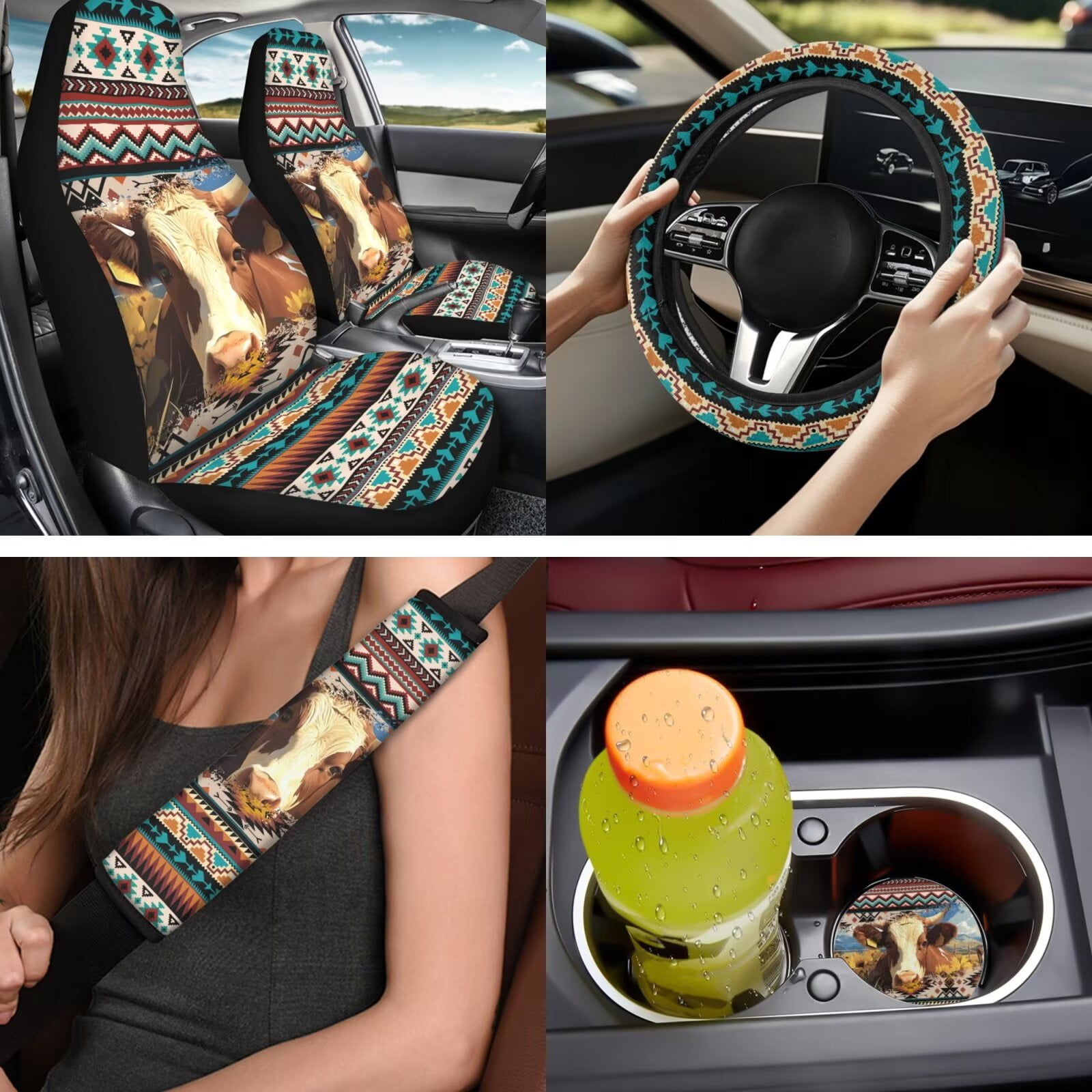 Binienty 14 PCS Aztec Cow Print Vehicle Seat Covers with 15 Inch Steering Wheel Cover Breathable Center Console Cushion Seat Headrest Covers Keychain Vehicle Interior Accessories Set