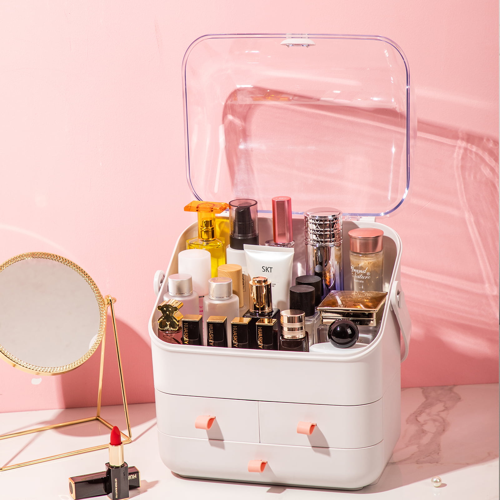  Makeup Organizer, Cosmetics Skincare Organizer Box Waterproof &  Dustproof, Make up Organizers and Storage for Vanity with Lid and Drawers,  Cosmetic Display Cases for Dresser, Countertop (White-XL) : Beauty &  Personal