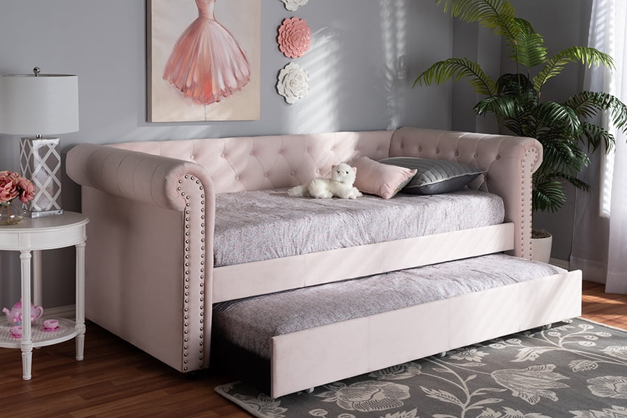 Baxton Studio Mabelle Light Pink Velvet Upholstered Daybed with Trundle