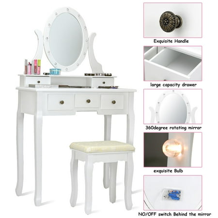 Gymax 5 Drawers Vanity Makeup Dressing Table Stool Set Lighted Mirror W 12 Led Bulbs