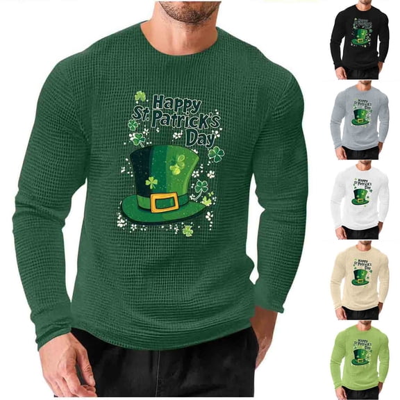 VBTAPA Mens St. Patricks Day T Shirts Shamrock Print Tshirt Clover Graphic Tee Long Sleeve St Patty's Day Waffle Tshirts Gray M