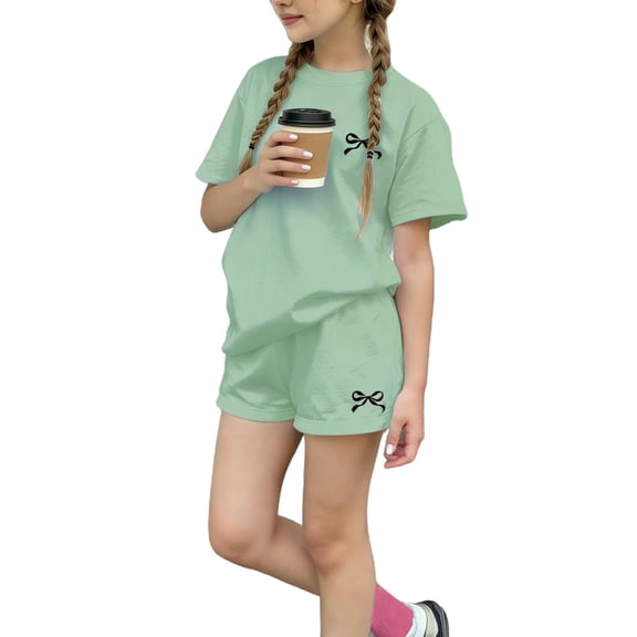 Virmaxy Cute Bow Print Drop Shoulder Basic Top and Shorts Set Girls Summer Two Piece Casual Outfit for Everyday Play and Comfort, for 3-14Y Green