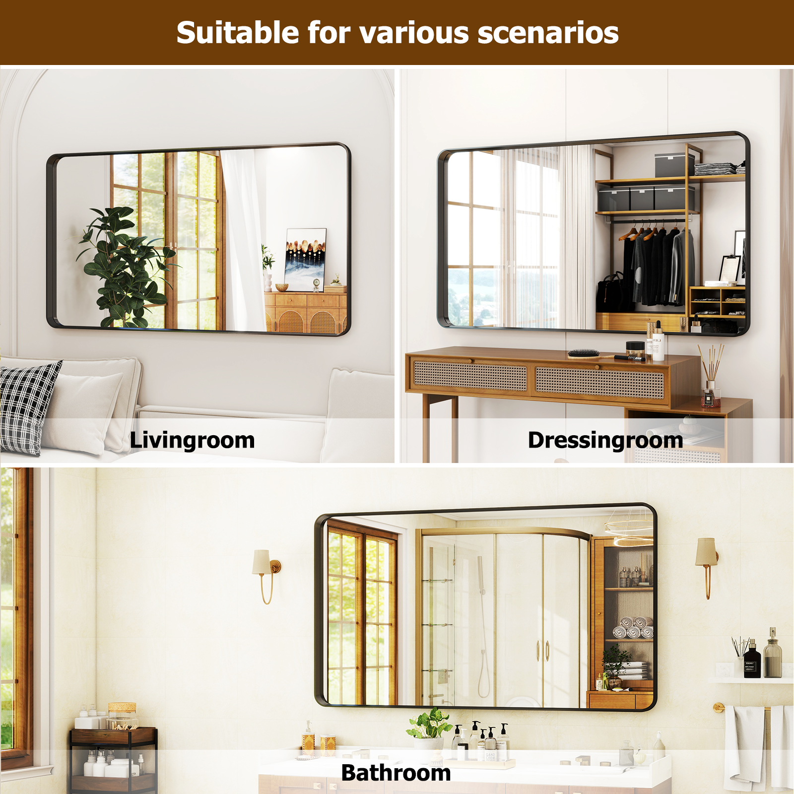 BEAUTYPEAK 30x48 Modern Round Corner Bathroom Vanity Mirror photo 6