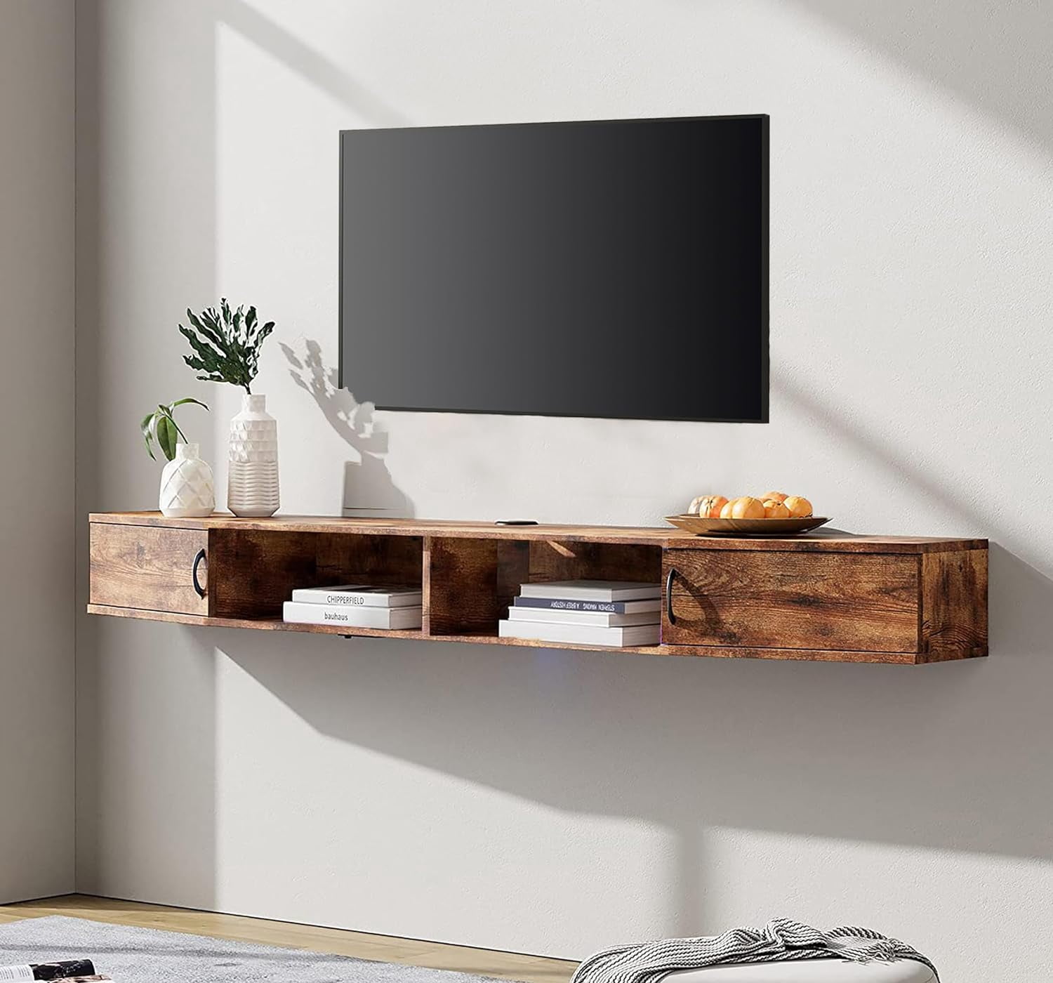 FITUEYES Floating TV Shelf with Power Outlet 70", Wall Mounted TV Stand, Media Console Stand with Doors, Entertainment Shelf for Living Room, Bedroom，Rustic Brown