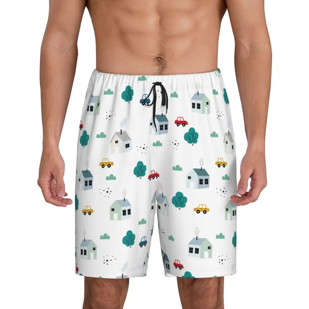 Balery Cartoon House Car Pantalones cortos de pijama de punto de algodón para hombre con cinturilla y bolsillos-Small