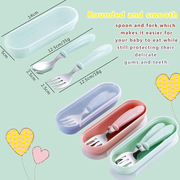 Set De Cubiertos Para Bebé Acero Inoxidable - Cuchara Y Tenedor Con Estuche, Diseño De Dibujos Animados, Portátil Para Viajes O Comedor