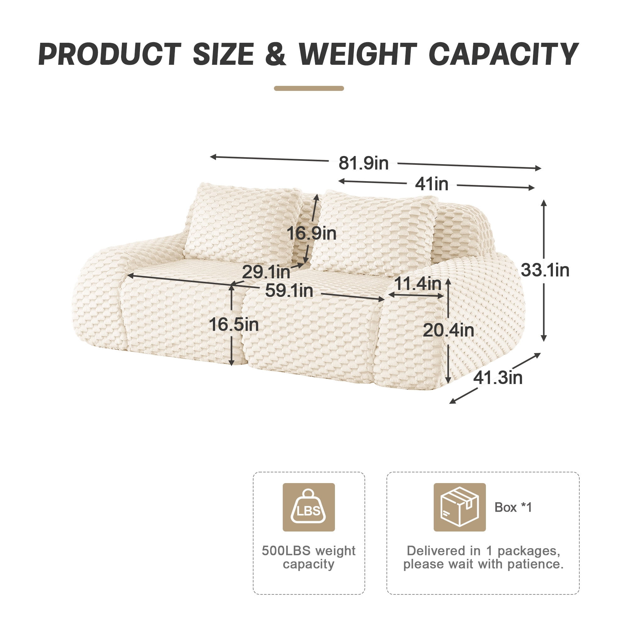 Aukfa 82" Modern Modular Cloud Sofa, Oversized Flannelette 2-Seater Couch with 29" Deep Seat & Two Pillows, No Assembly, White
