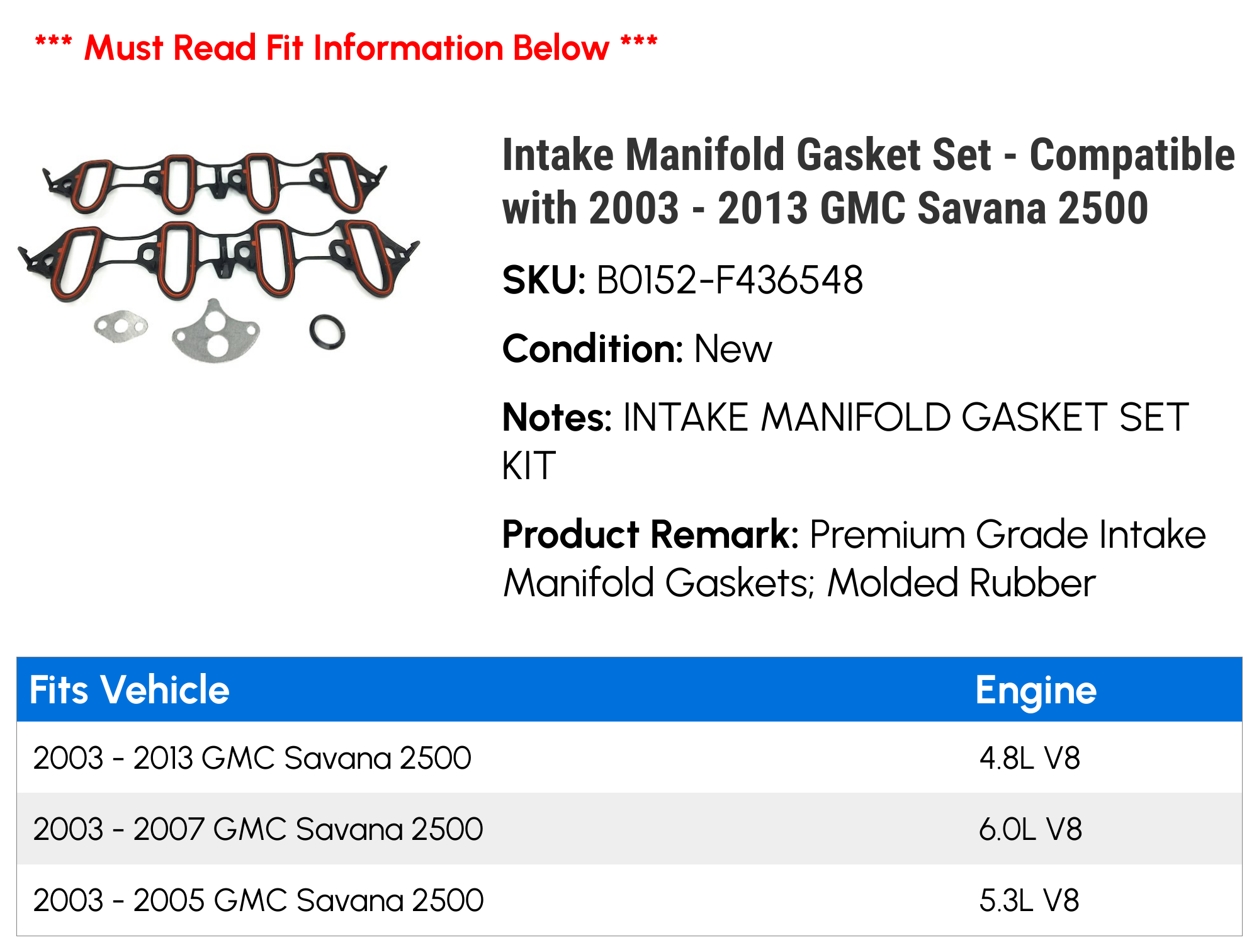 Intake Manifold Gasket Set - Compatible with 2003 - 2013 GMC Savana 2500 - Replacement