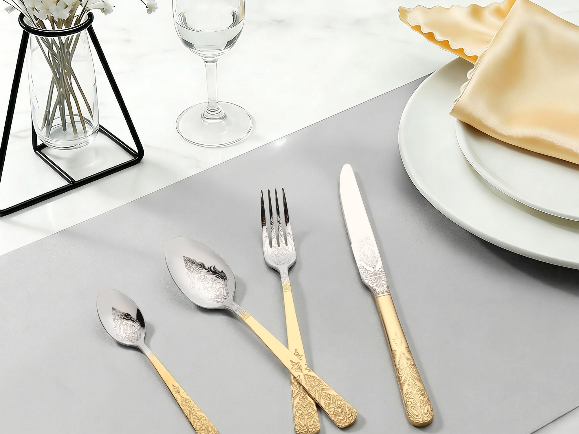 Unique Bargains Stylish and Durable Stainless Steel Floral Flatware Set Gold/Silver 4pcs