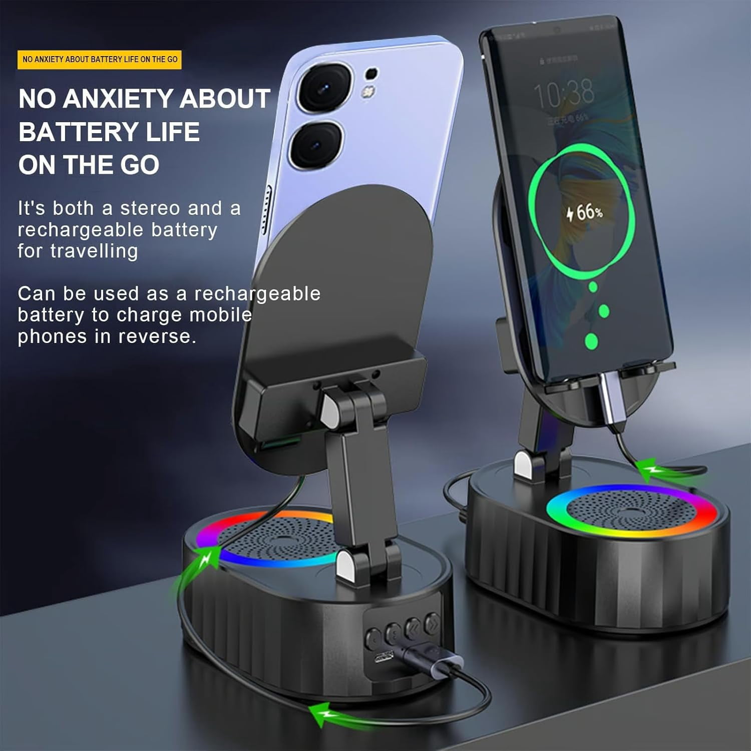 Arshipscho Nominateh Cell Phone Stand, 2025 Upgraded Cell Phone Stand with Induction Speaker/Power Bank/Atmosphere Light, 360° Rotating Foldable Holder Ideal for Home Office Travel (White)