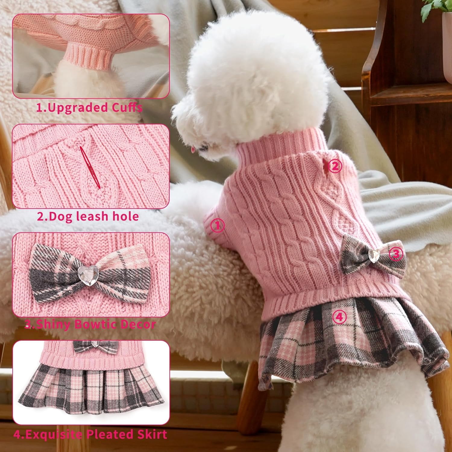 Girl Dog Sweater Dress with Bowtie Turtleneck Small Dogs Sweater with Leash Hole, Knitted Small Dog Sweaters Dress Puppy Winter Clothes for Yorkies Chihuahua (Large, Pink)