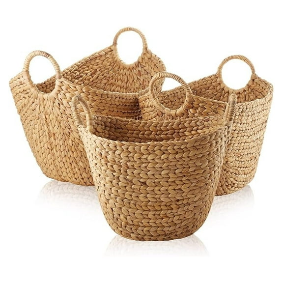 AIZYT Set of 3 Multipurpose Boat Baskets with Handles - Natural, Woven Water Hyacinth Storage Organizers for Throw Blankets, Bedroom, Living Room, Laundry
