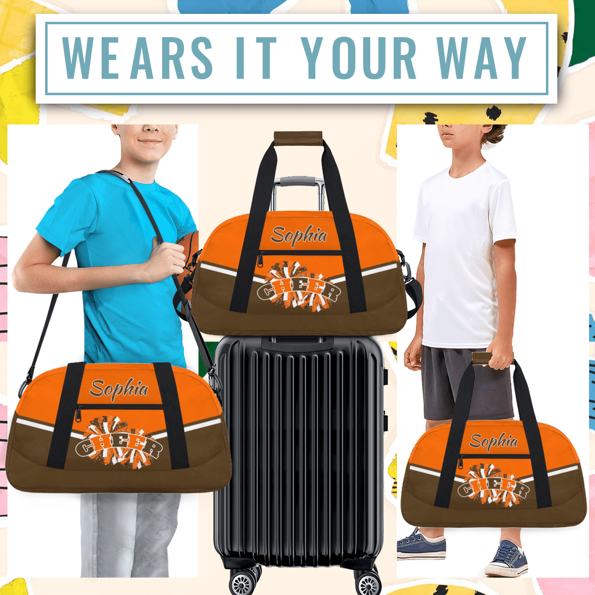 Jiaoprinted Personalized Cheer Bag, Custom Sport Duffel Bag with Name, Customized Cheerleader Dance Bag, Sport Gym Bag Overnight Weekender Bags, Brown Orange