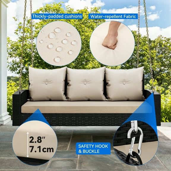 Uforic Outdoor Swing Chair in Black Rattan with Three Back Cushions, Perfect for Garden, Balcony