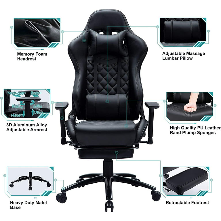 JONPONY Massage Gaming Chair with Footrest and 350LBS Metal Base,Thickened Seat  Cushion,2D Adjustable Armrest, Big and Tall Ergonomic Office Computer Chair,Black  