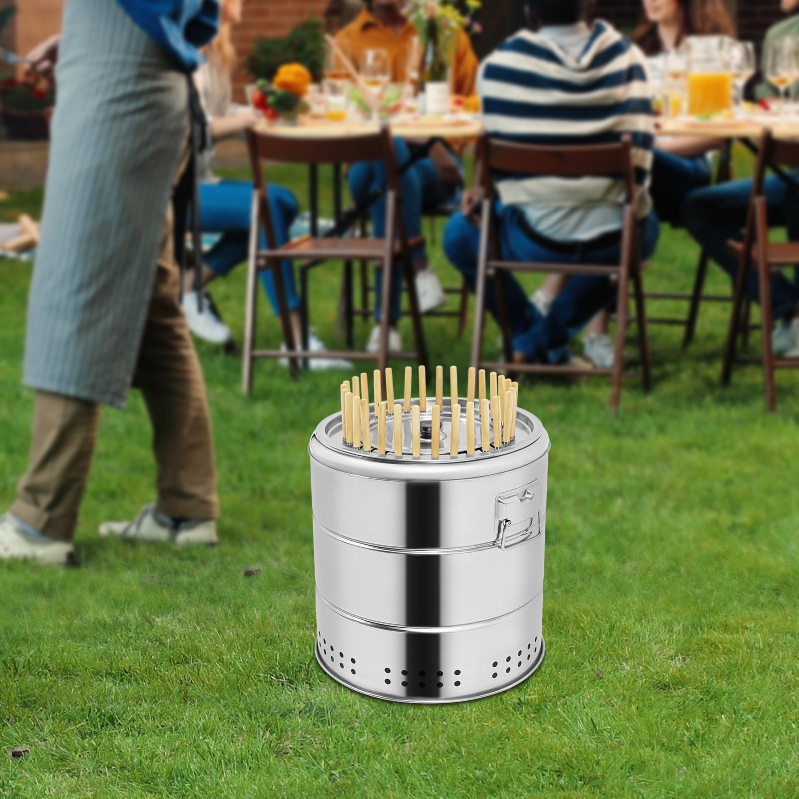 Modern Silver Stainless Steel Surround Charcoal Kebab Grill with 30 Skewers and BBQ Grill Cooking Grate