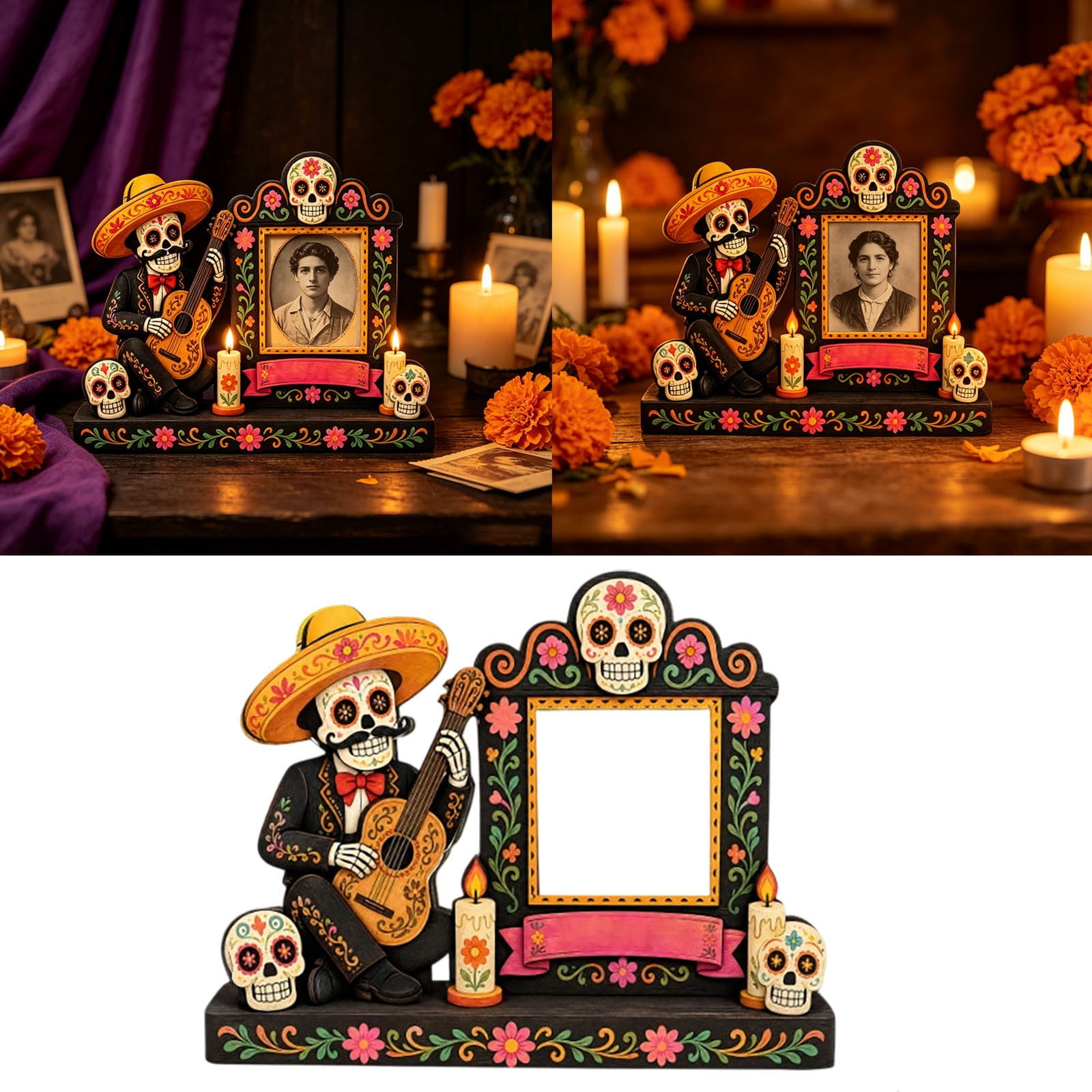 Day of the Dead Wooden Picture Frame, Mexican Sugar Skull Skeleton Photo Holder, Día De Los Muertos Tabletop Altar Memorial Home Decoration