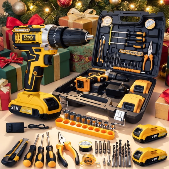21V Cordless Drill, 2 Speed, Keyless 3/8" Chase Drill with LED Light, Equipped, Two batteries&plastic case packaging