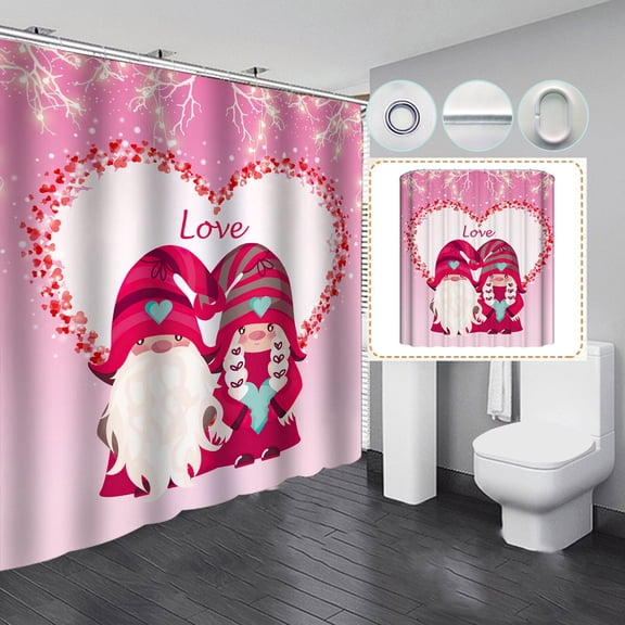 Twfbrm Valentines Shower Curtain, Valentines Day Shower Curtain for Bathroom, Valentine Gnomes Couples and Love Hearts Pink Waterproof Fabric Bath Curtain with Hooks for Home Decor