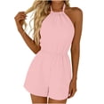 thumbnail image 3 of Lcziwo Womens Rompers with Shorts Casual Lace Up Halter Neck Backless Overalls Elastic Waist Pockets Solid Summer Jumpsuits 2026 Pink,L, 3 of 9