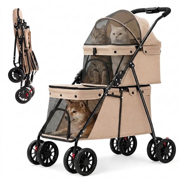Double Layer Pet Stroller Cat dog pram, Lockable Wheels Carriers, Foldable for storage, for Small Medium Sized Pets, Simple assembly, for Multi-Pet Homes